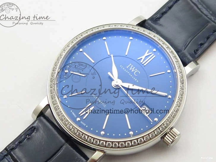 MIROTIME 0429 Portofino 37mm SS V7F 1:1 Best Edition Blue Dial Diamonds Bezel on Blue Leather Strap A Chic 7093